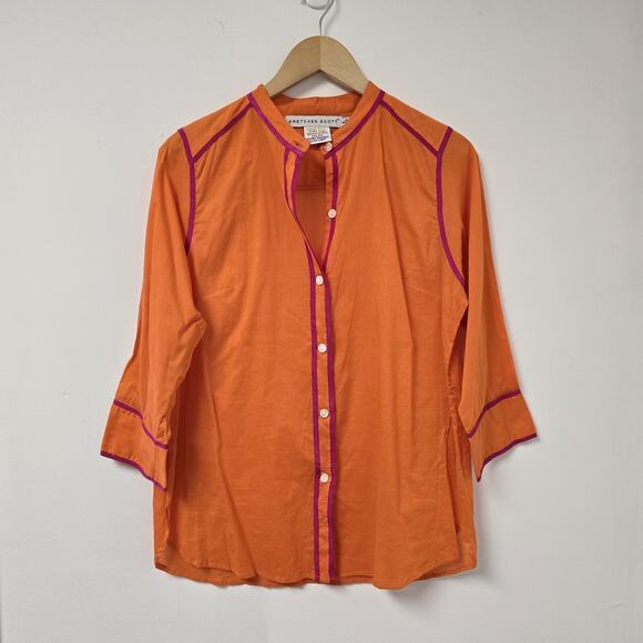 Gretchen Scott Shirt Large Orange Button Front 3/4 Sleeve Preppy Collarless Top - Picture 1 of 9
